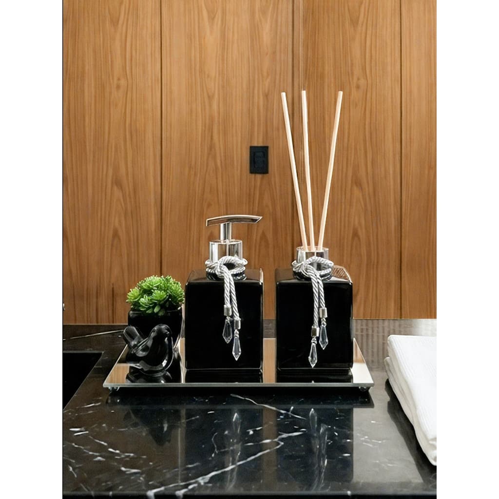Kit Lavabo Luxo Difusor E Saboneteira Com Bandeja para Banheiro KIT CUBO PRETO