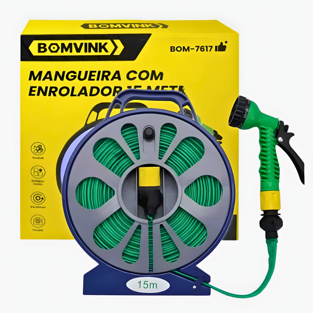 Kit Mangueira 15 Metros Com Suporte Enrolador E Pistola De Água