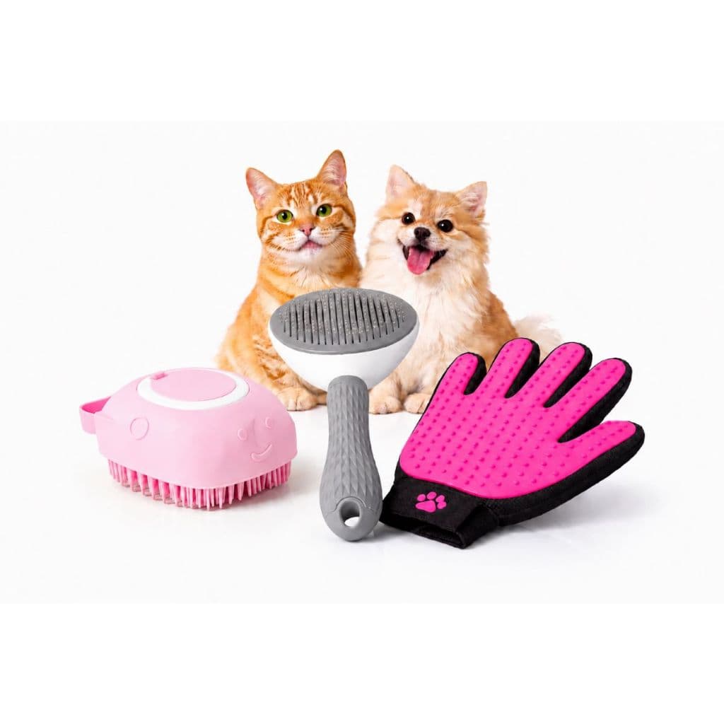 Kit Pet 3 Em 1 Escova Rasqueadeira + Lava Pelo Silicone + Luva Tira Pelo Massageadora Cães Gatos Pet