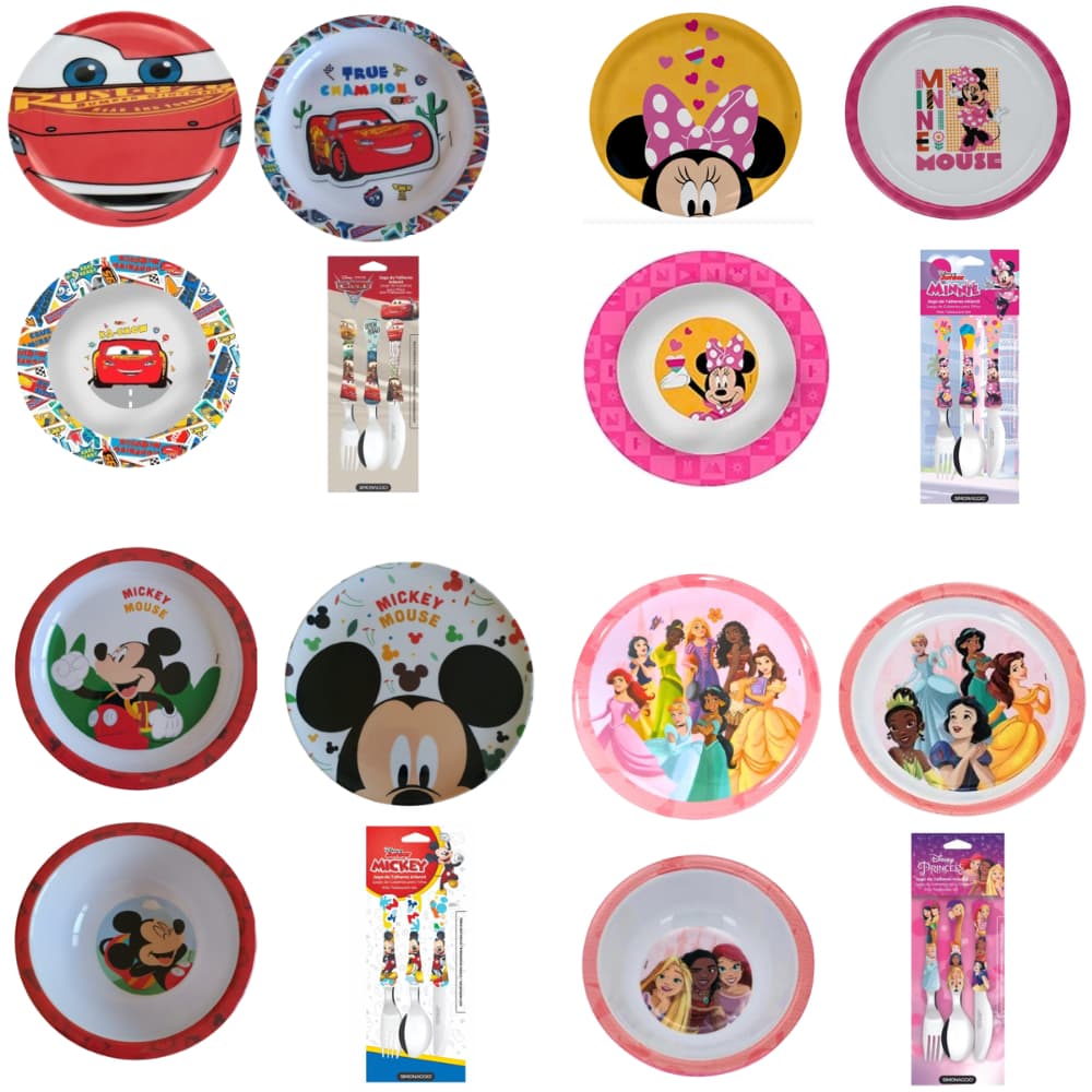 Kit Infantil Personagens 4 Peças | Prato Fundo, Raso, Bowl e Talheres