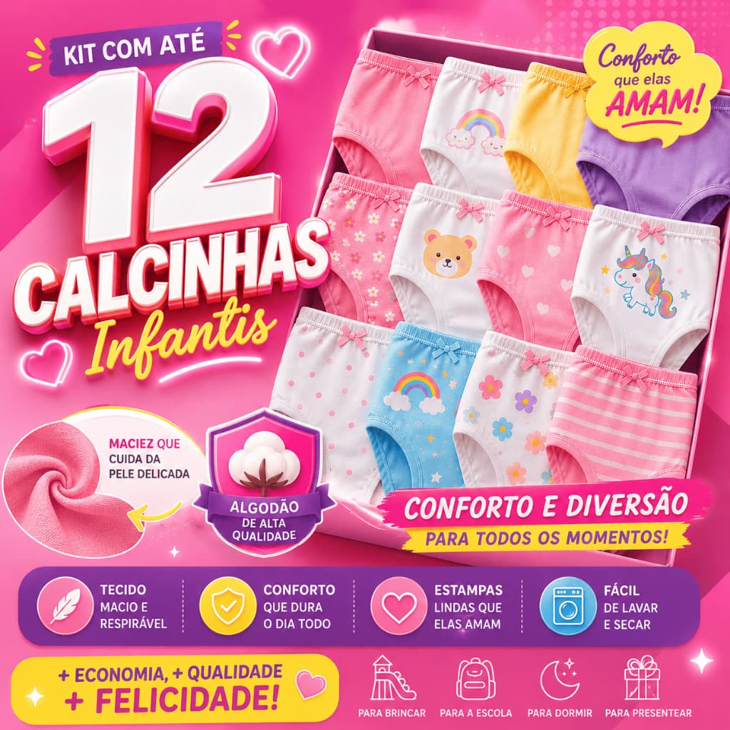 Kit 12 Calcinhas Infantil 100% Algodão Premium Menina 2 a 12 Anos Costura Tripla