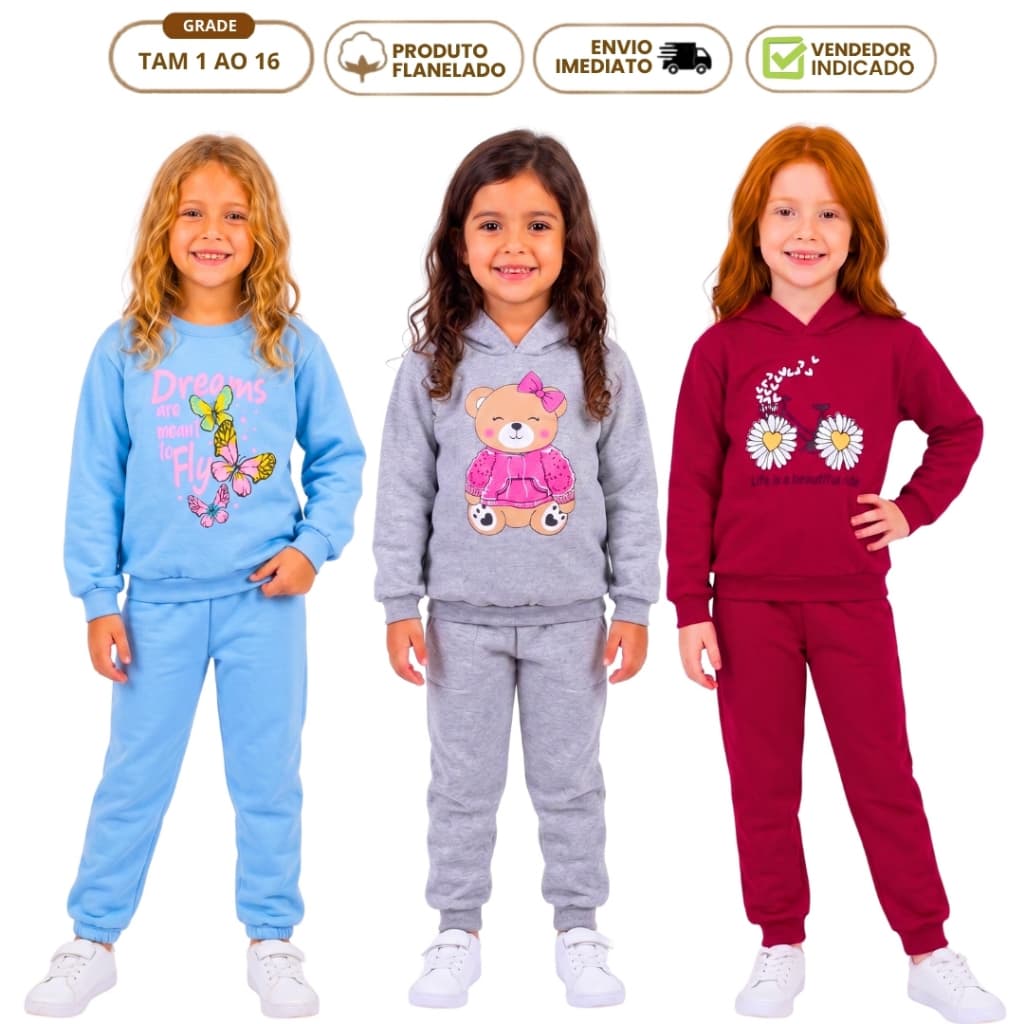 Kit 2 Moletom Infantil Conjunto Menina Inverno Calça Forrada Punho Blusa Feminina Flanelada Liso e Estampado 1 a 16 anos