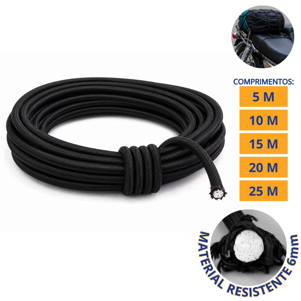 Corda Elástico Extensor 6mm Moto Carro Reboque Lonas Bagagens Rolo 5 a 25 Metros