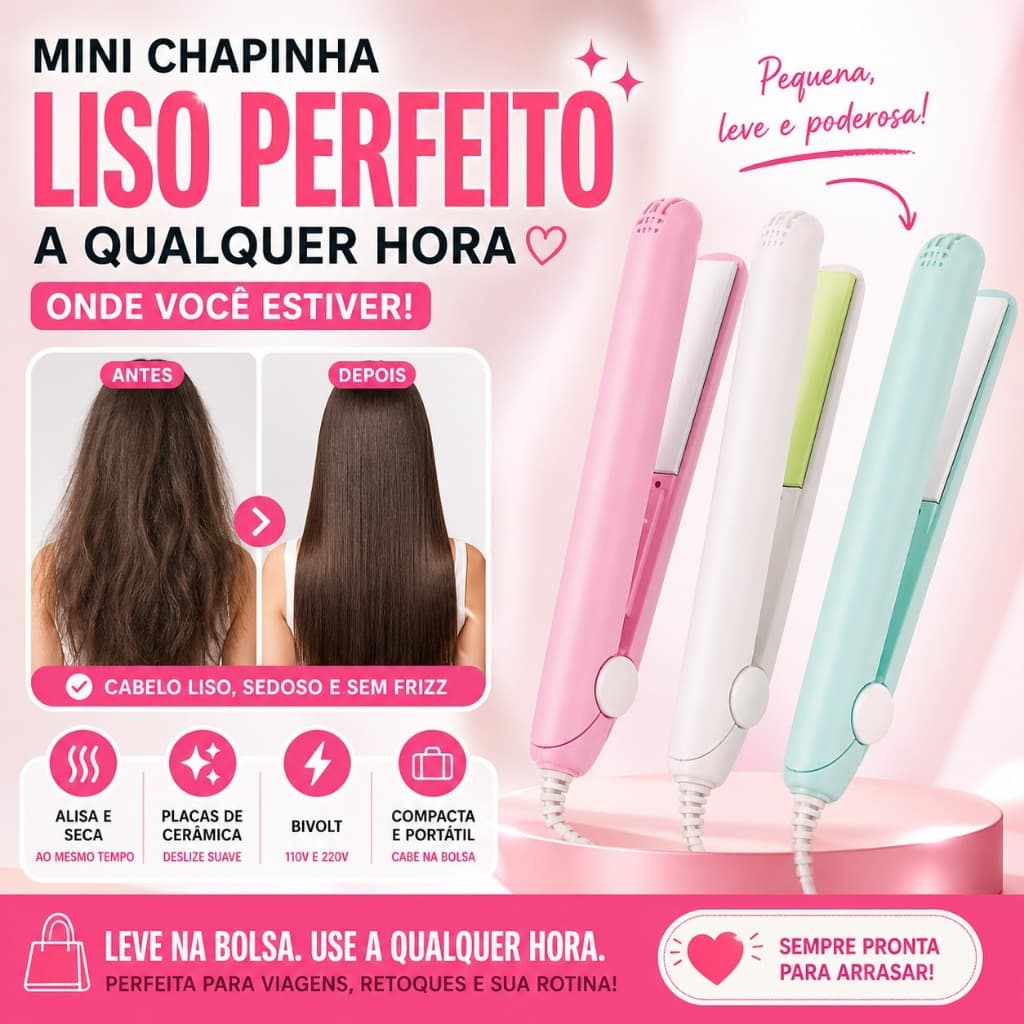 Mini Chapinha Portátil Bivolt Cerâmica Anti Frizz Prancha Cabelo Compacta Viagem Bolsa