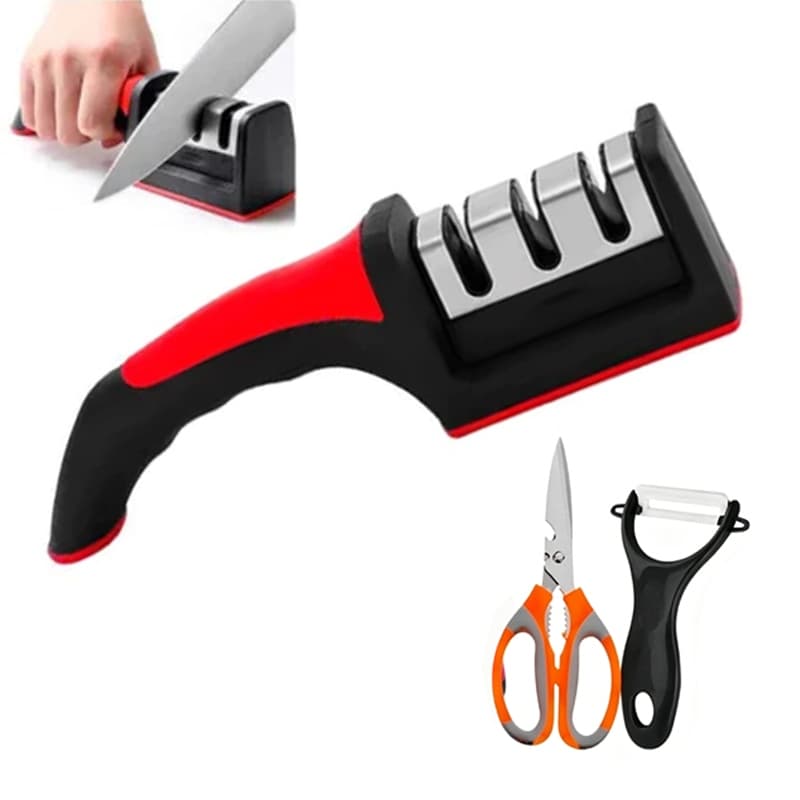 Conjunto 3 Peças Cozinha Inox Tesoura Afiador e Descascador Multiuso