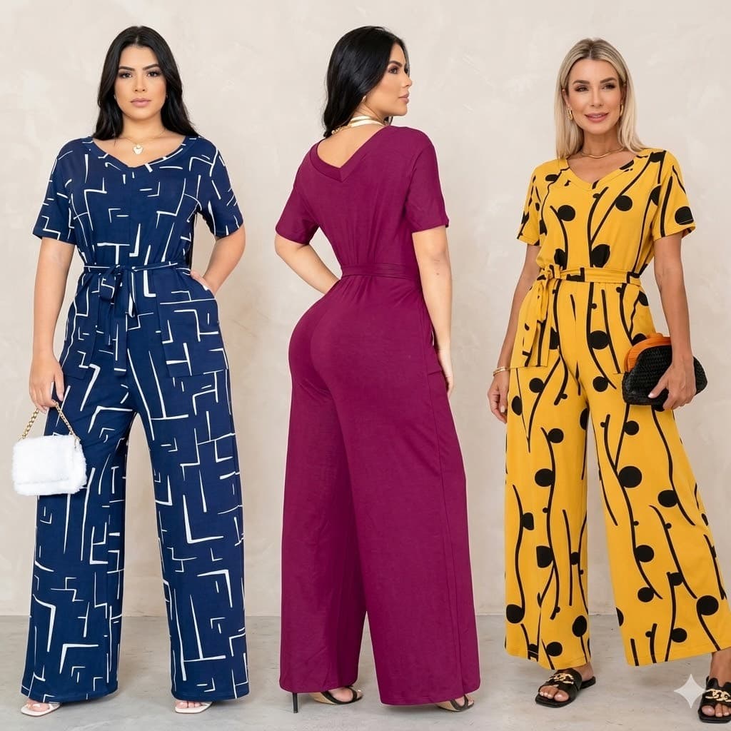 Macacão moda feminina elegante casual cintura com amarração com bolso moderno confortável dia a dia fashion