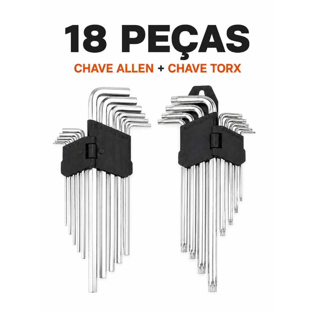 Kit Profissional Chave Allen e Torx 18 Peças Aço Cromo Vanádio Alta Resistência com Suporte Organizador