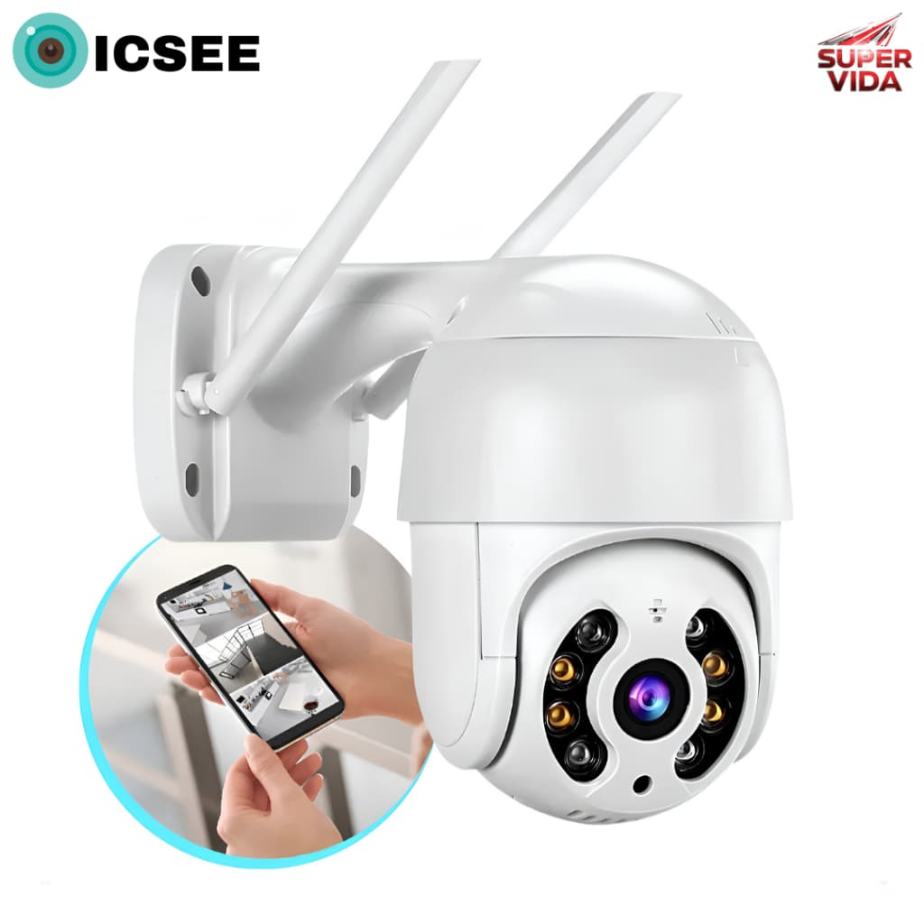 Câmera de Segurança Wi-Fi IP PTZ Externa HD com Visão Noturna em Cores ICSEE para Casa e Comércio