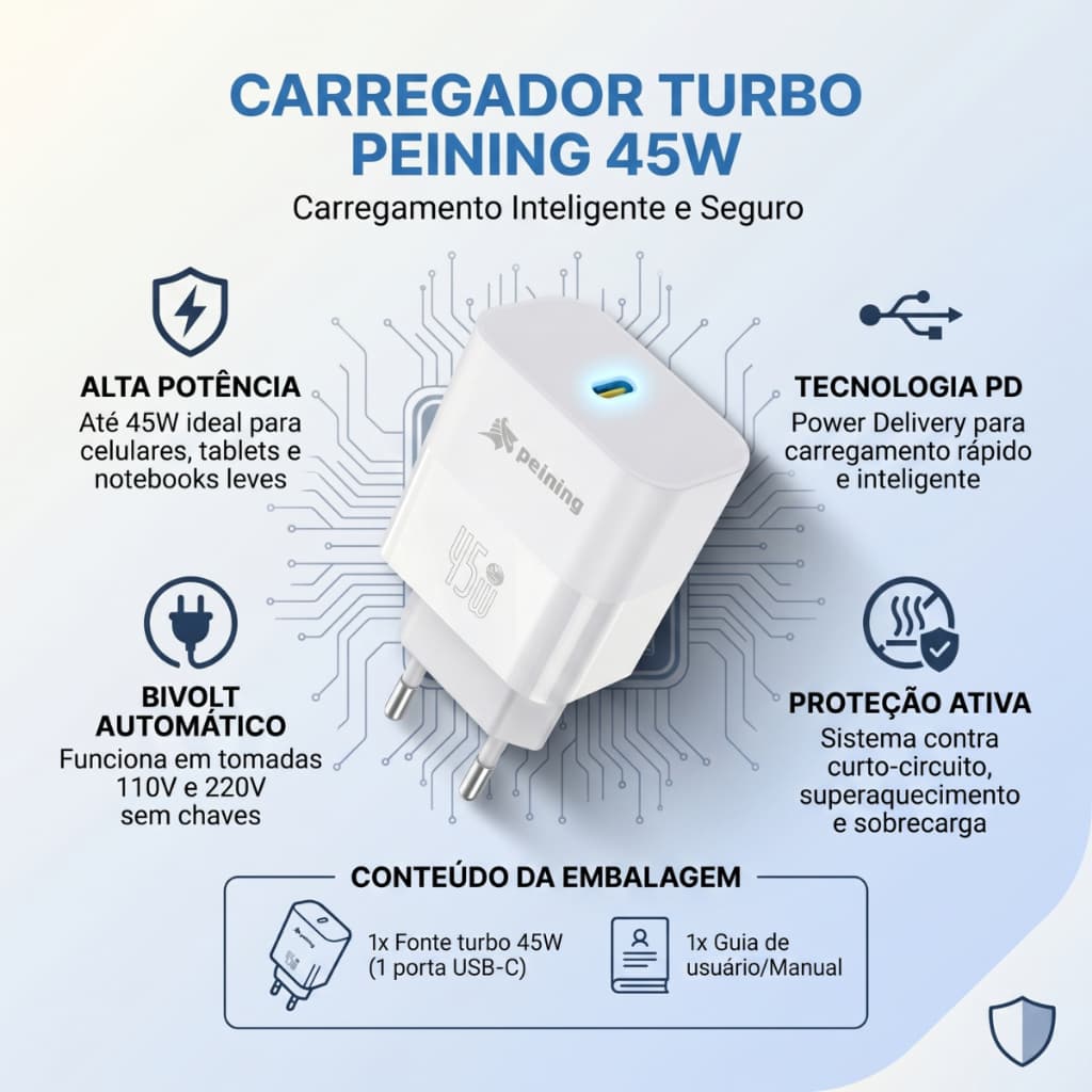 Carregador Turbo 45W Power Delivery Original Peining USB-C Branco