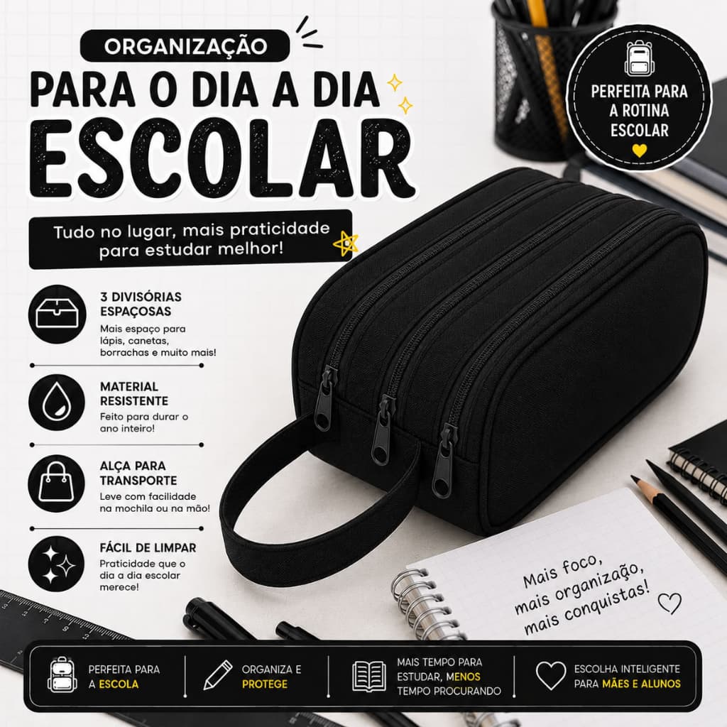 Estojo Triplo Escolar Grande Organizador 3 Divisórias