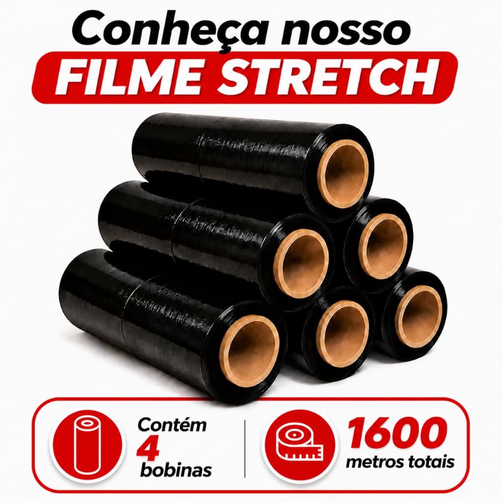 Kit 4 Bobinas Filme Stretch Preto 50 cm x 400 metros por bobina - Embalar Correio Paletização