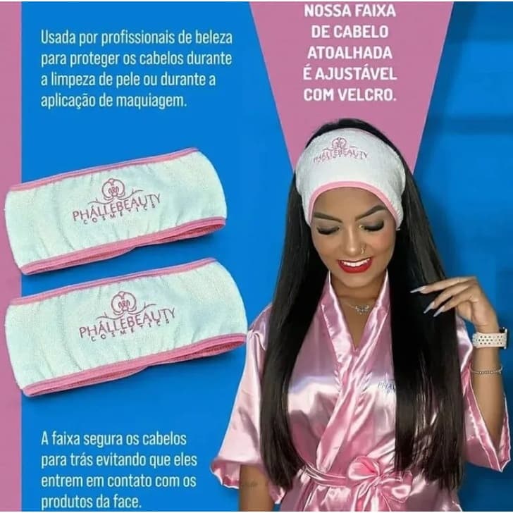 Faixa de Cabelo Atoalhada com Velcro Phállebeauty Tiara para Skincare Maquiagem e Limpeza de Pele