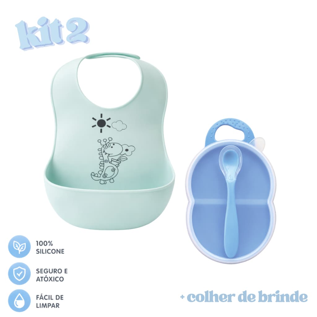 Kit Porta Papinha c/ Colher de Silicone + Babador de Silicone