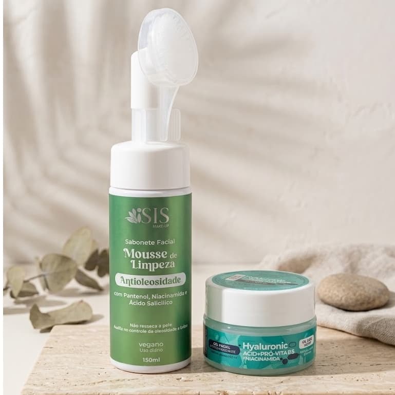 Kit Limpeza diária antioliosidade | Sabonete Mousse + Gel Facial Ácido Hialurônico