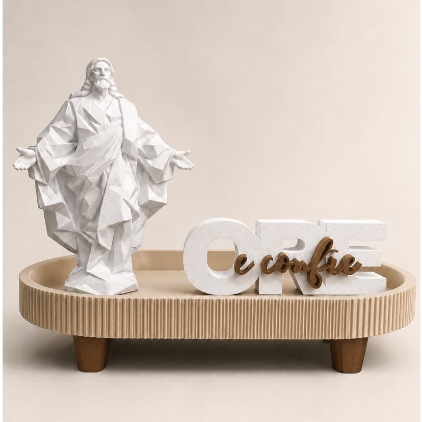 Kit Religioso Jesus Cristo + Letreiro Ore e Confie com Bandeja Decorativa 3D