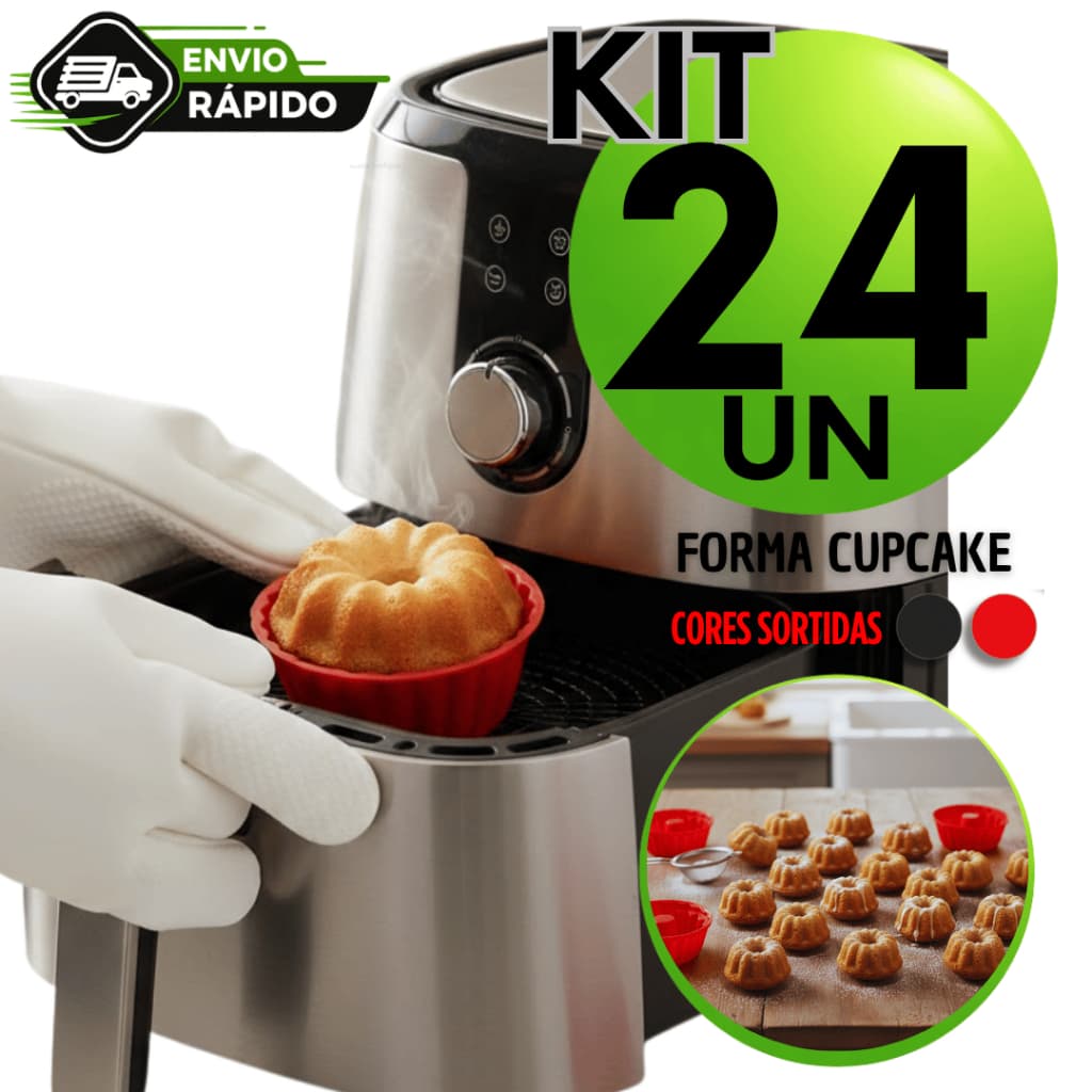 KIT Forma de Silicone para Cupcake Forminha Redonda Air Frye Micro-ondas Assadeira Bolinho Doceria