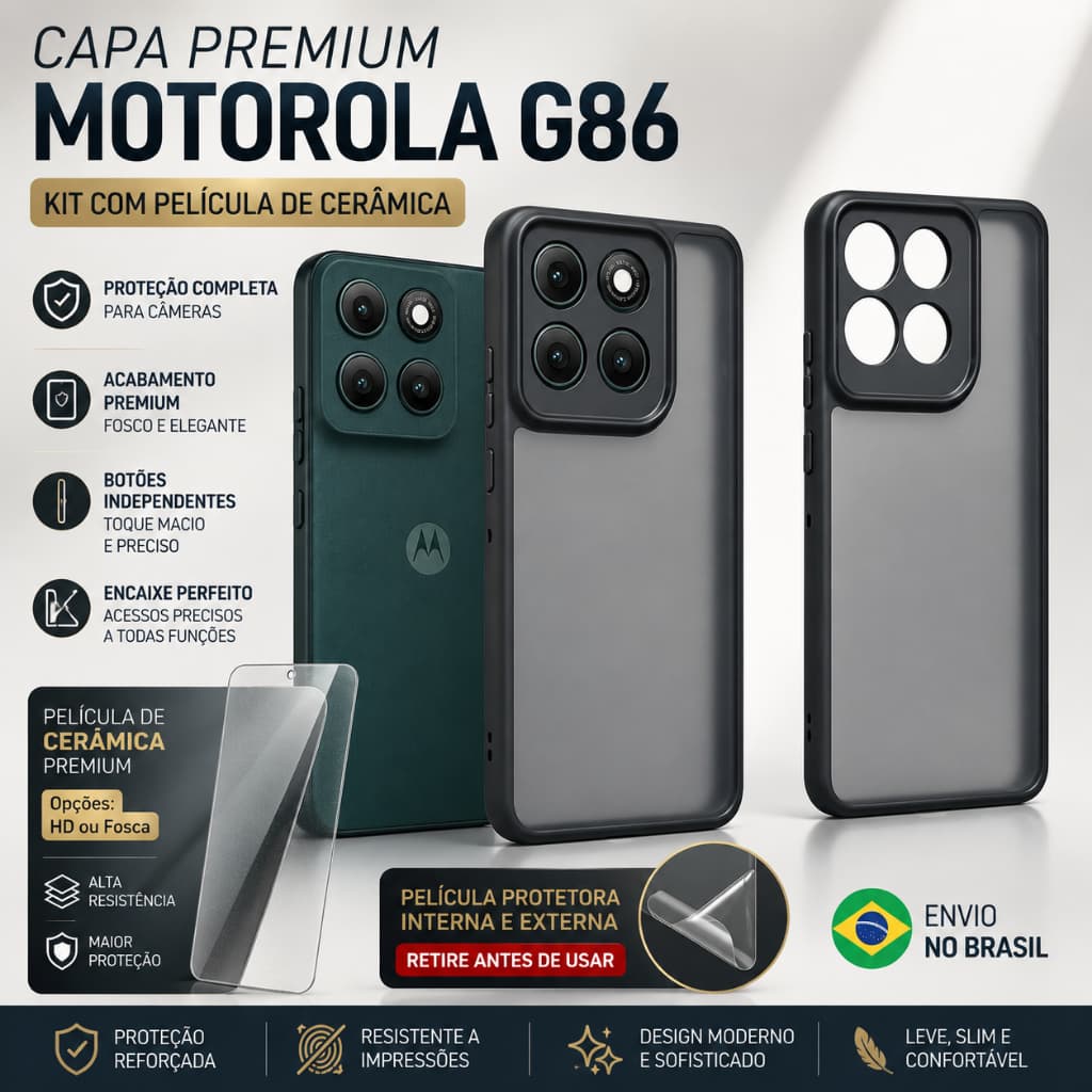 Kit Capa capinha translucida preto Premium motorola G86+Película Cerâmica HD/Fosca