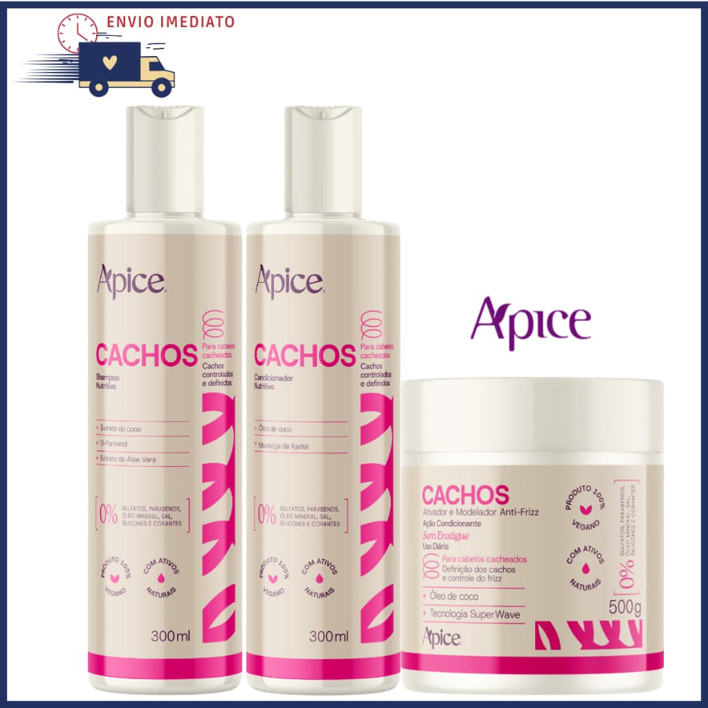 Kit Shampoo 300ml + Condicionador 300ml + Ativador e Modelador de Cachos 500g Apice Cosméticos