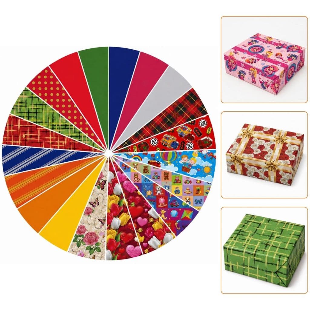 Papel de presente Mix, 200, 500 e 1000 folhas 50x60 cm estampas diversas, papel couchê, revenda.