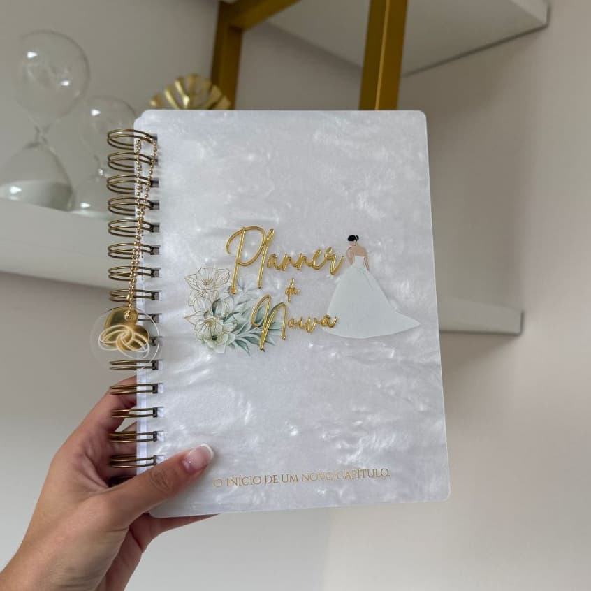Planner da Noiva Luxo A5 | Capa Acrílico Madrepérola com Impressão UV + Aplique Espelhado  | Planejamento de Casamento