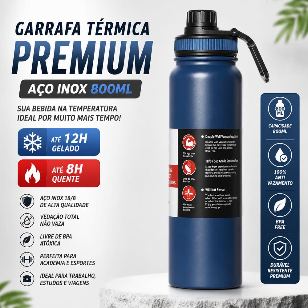 Garrafa Térmica Inox 800ml Academia Água Quente Fria Isolada A Vácuo Esportiva Sem Vazamento Premium