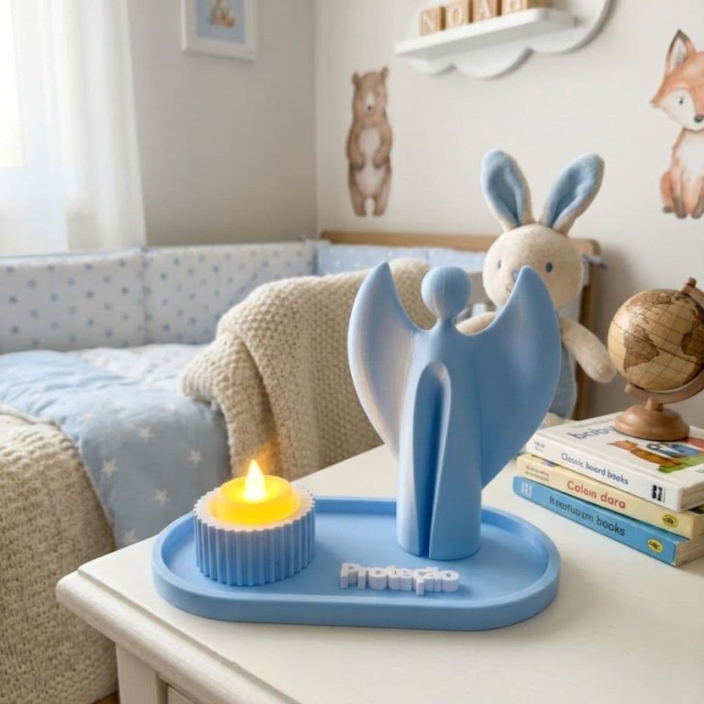 Enfeite Quarto Bebe Menino Anjo Da Guarda Com Vela Led Decorativo Kit Proteção Infantil Maternidade