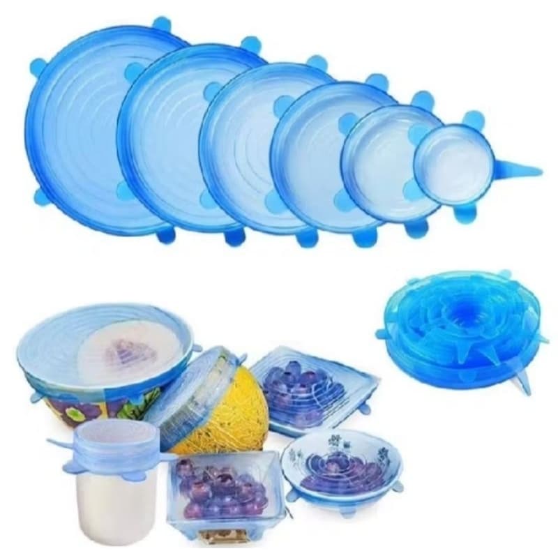 Tampa de Silicone  c/ 6 unidades Universal Reutilizável Elástica para Potes e Panelas - Vedação Hermética