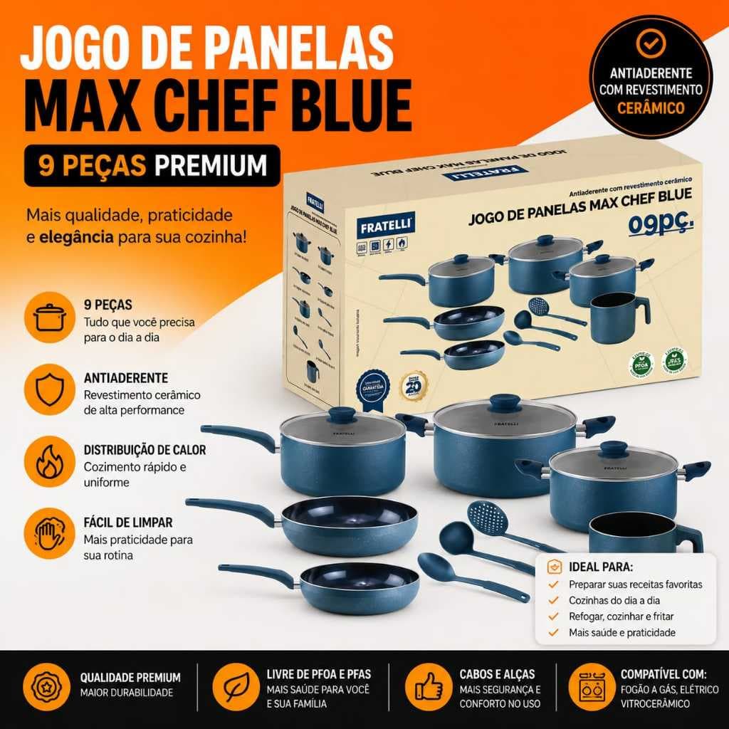 Conjunto Panelas Antiaderente 9 Pecas Alta Qualidade Duravel Azul