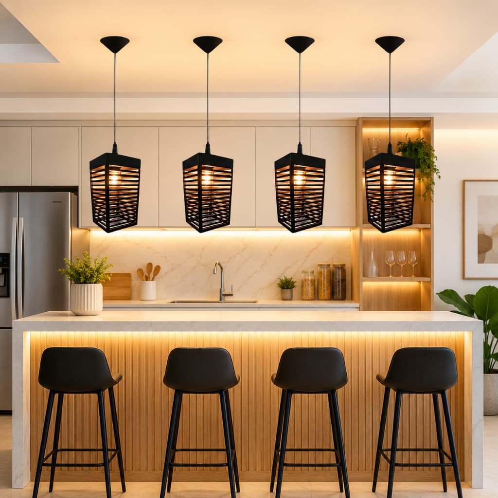 4 Pendentes De Teto Luminária Decorativa De Madeira Cor Preto Bivolt - 4tqp