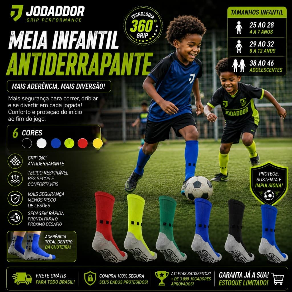 Kit 2 Pares Meia Meião  Infantil Antiderrapante Futebol Jogador  Grip Esportiva Silicone Futebol Futsal Academia