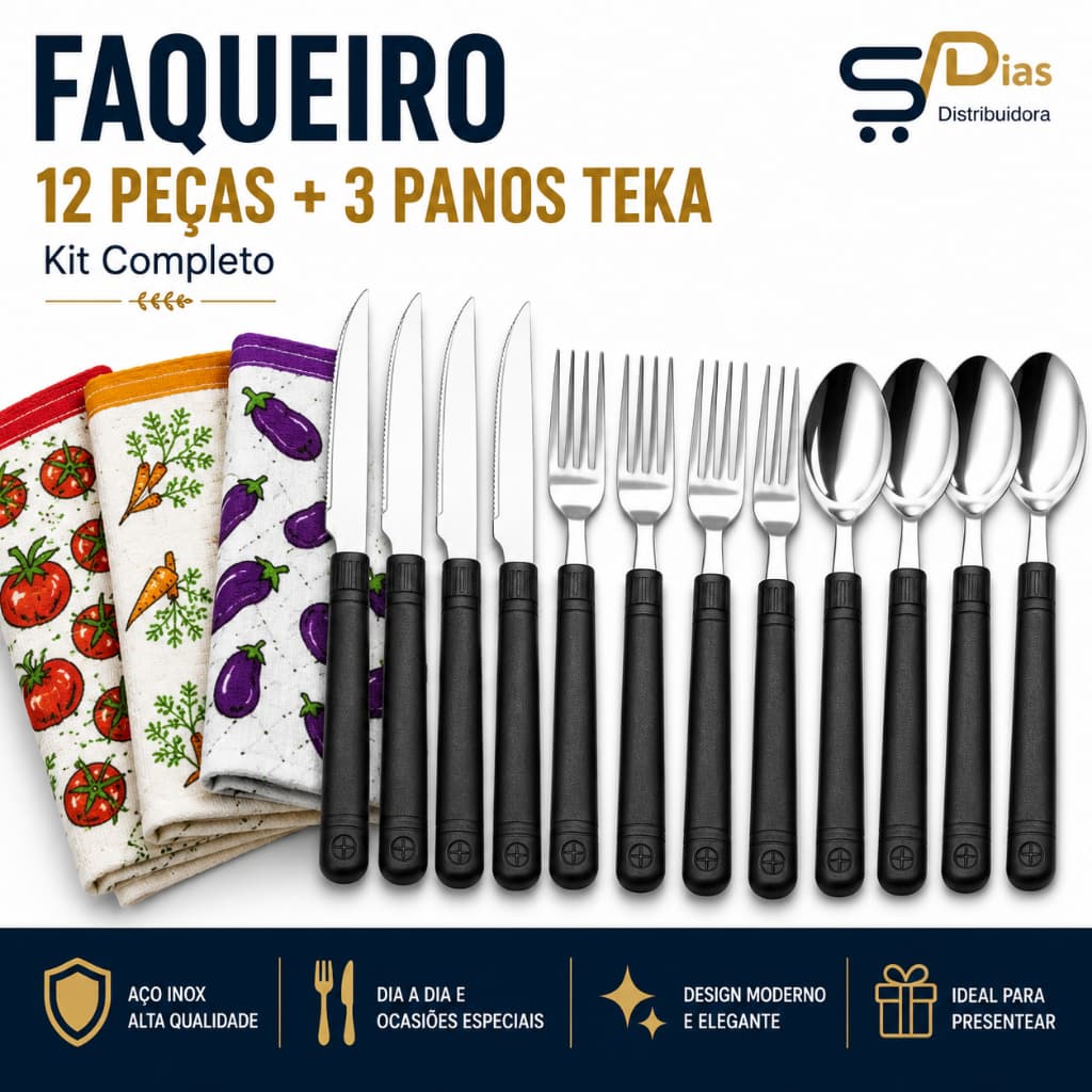 Kit Faqueiro 12 Peças Aço Inox + 3 Panos de Prato Teka Algodão Jogo de Talheres Presente Cozinha