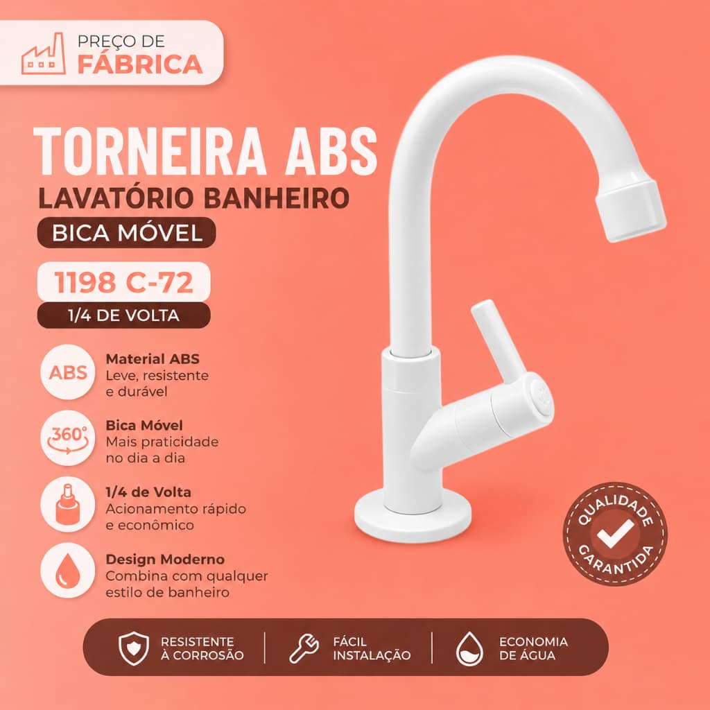 Torneira Abs Lavatório Banheiro Bica Móvel 1198 C-72   1/4 de Volta  Branca (Preço de Fábrica)