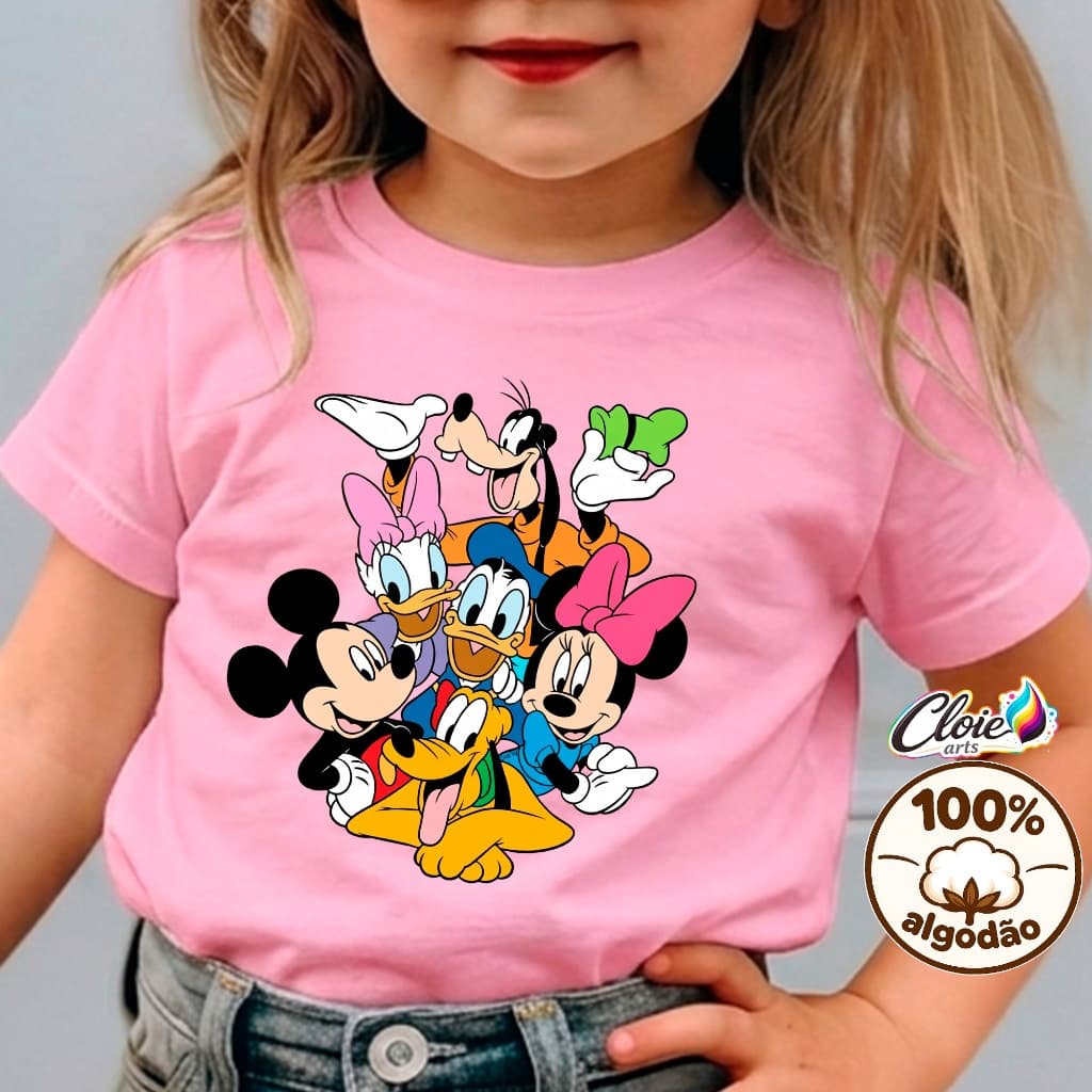 Camiseta Infantil 100% Algodão Turma do Mickey Unissex Confortável Moda Minimalista Dia a Dia Estampa Amigos Minnie Kids