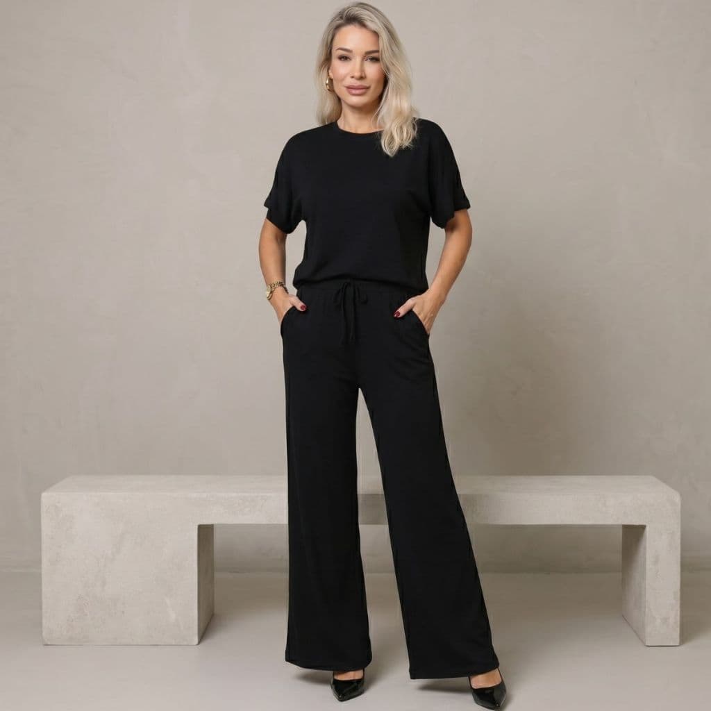 Conjunto Feminino Moletinho Vicenza Mel Liso Calça Pantalona E Blusa Casual - Envio Imediato