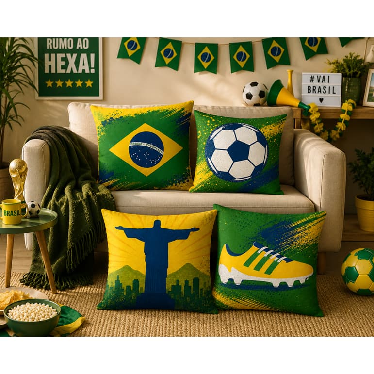 Kit 4 Capas de Almofadas Para Copa Brasil 45x45 - Zíper Invisível