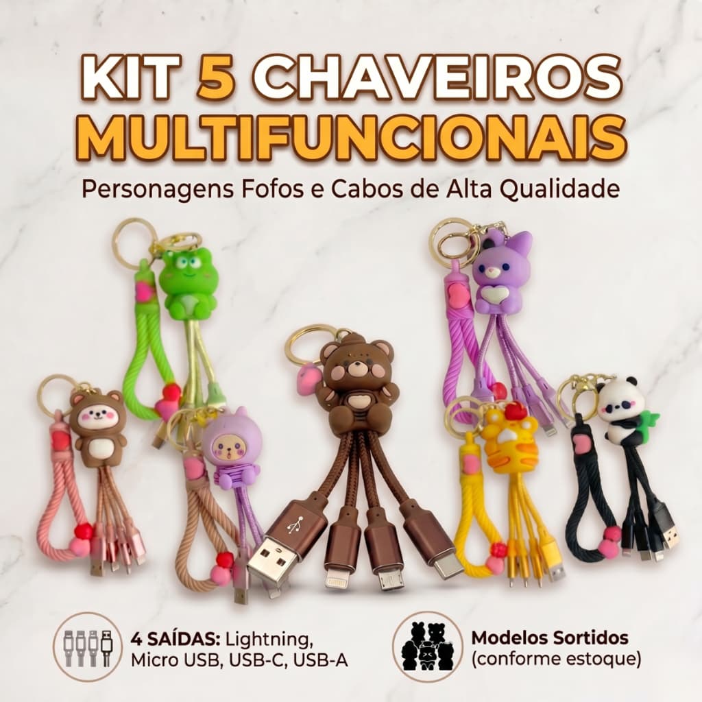 Kit 5 Chaveiros Cabos Para Fonte Universal Emergência 4 em 1 Sortidos