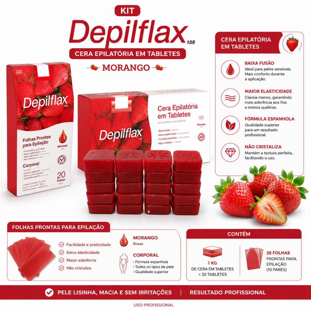 KIT Depilflax Cera Quente Depilatória 1Kg + 20 Folhas Prontas Depilflax Cera Depilatória