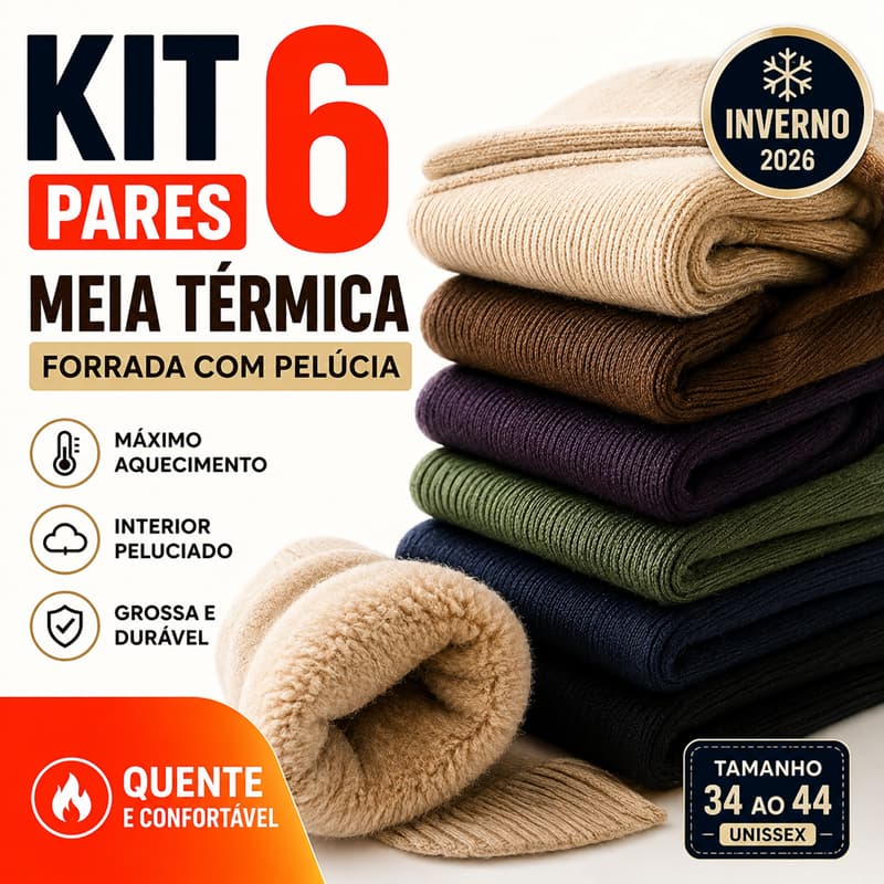 Kit 6 Meias Térmica Grossa Quente Inverno Frio Forrada Neve Peluciada