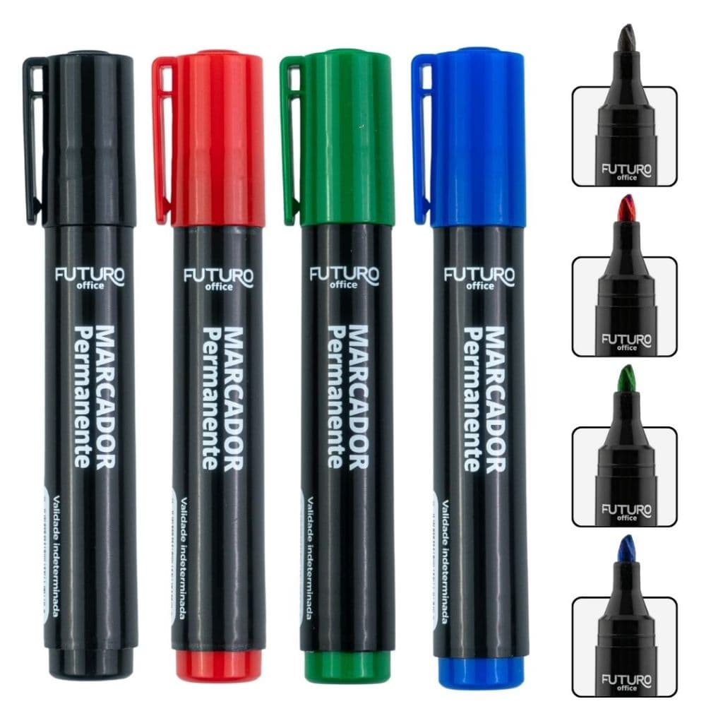 Kit 3 Marcador Canetão Pincel Atômico Chanfrado Traço 2 a 5 mm Azul Preto Verde Vermelho Variados