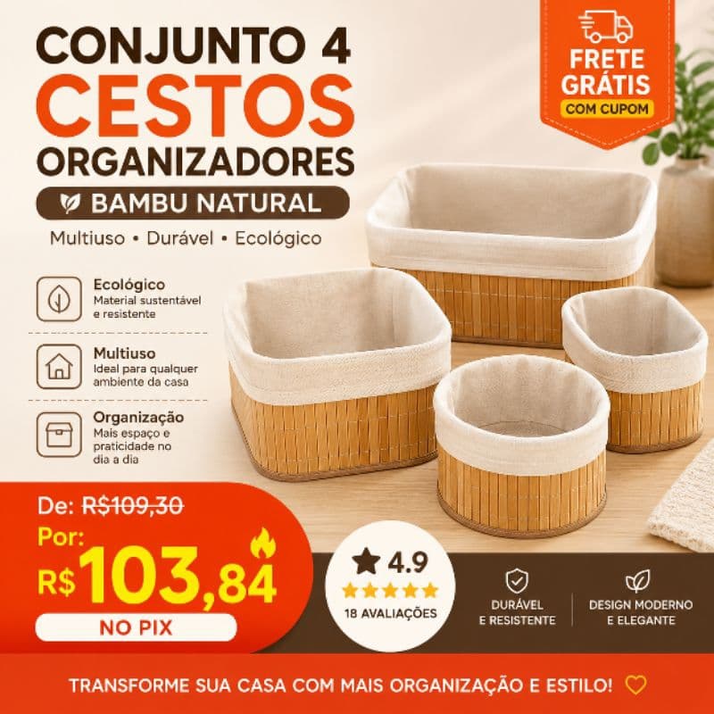 Conjunto 4 Cestos Organizadores Multiuso Bambu Natural Duravel Ecologico Sala Cozinha