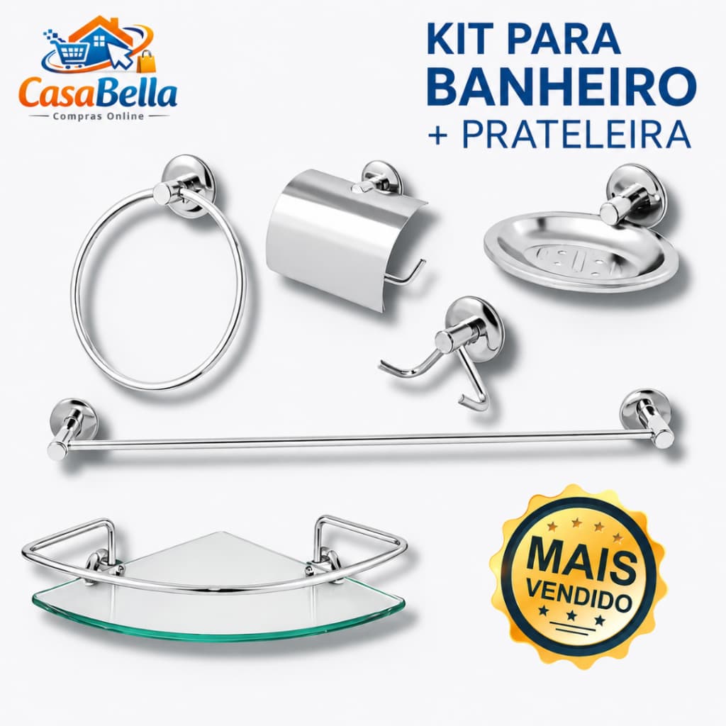 kit 5 acessórios para banheiro lavabo aço inox + prateleira de vidro canto
