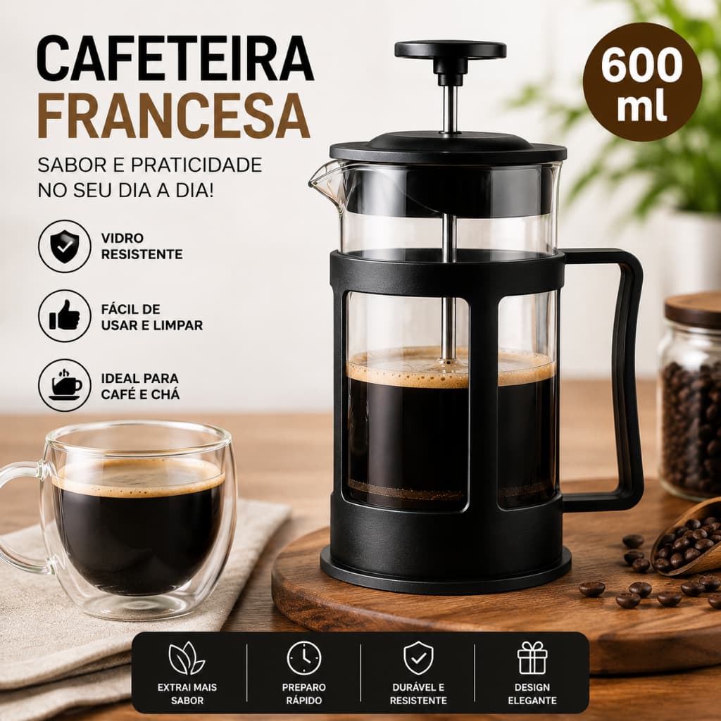 Cafeteira Francesa 600ml Prensa Francesa Vidro Resistente Café Espresso Preta Elegante