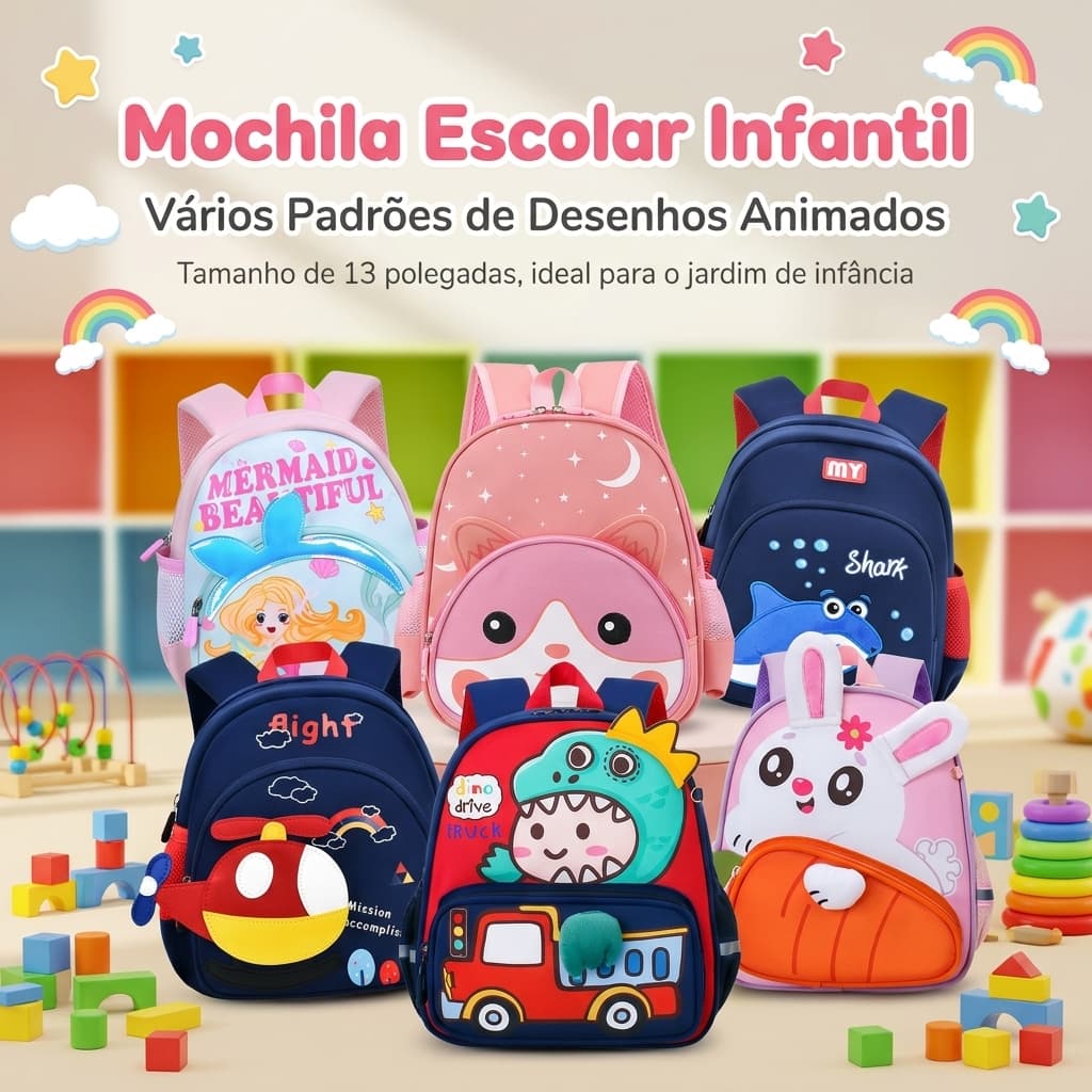 Mochila Infantil Fofa 13 Polegadas Estilo Cute Leve e Resistente Alta Capacidade Estilo escolar