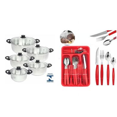 Kit com 5 Panelas com Tampa de Vidro + 25 Talheres