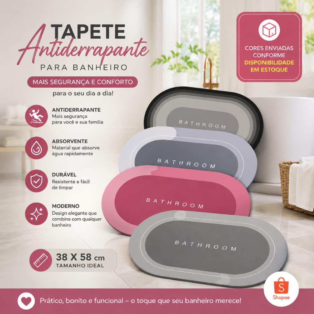 Tapete Antiderrapante Banheiro Absorvente Macio Secagem Rápida Anti Escorregão PVC premium