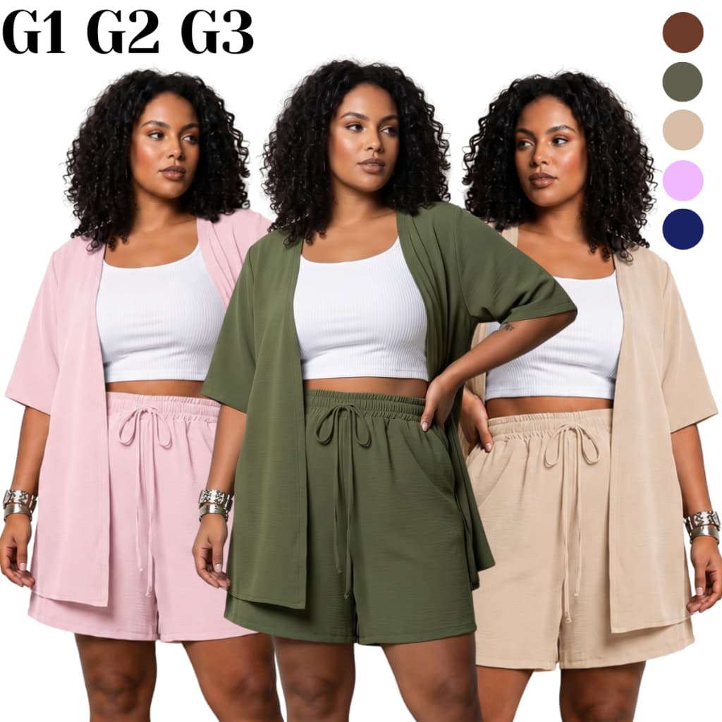 Conjunto Plus Size Kimono e Short com Bolso Liso Marrom Militar Bege Preto Azul marinho Cardigam