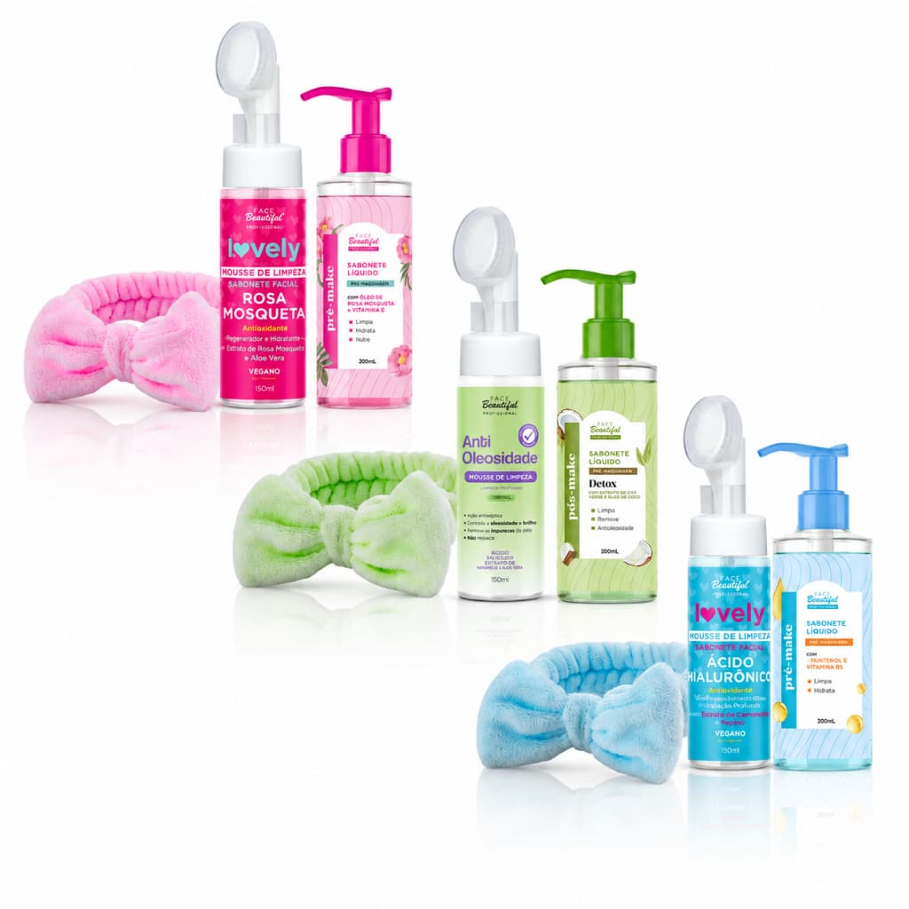 Kit Skincare Completo  Sabonete Mousse e Liquido e Faixa Lovely Glow Face Beautiful
