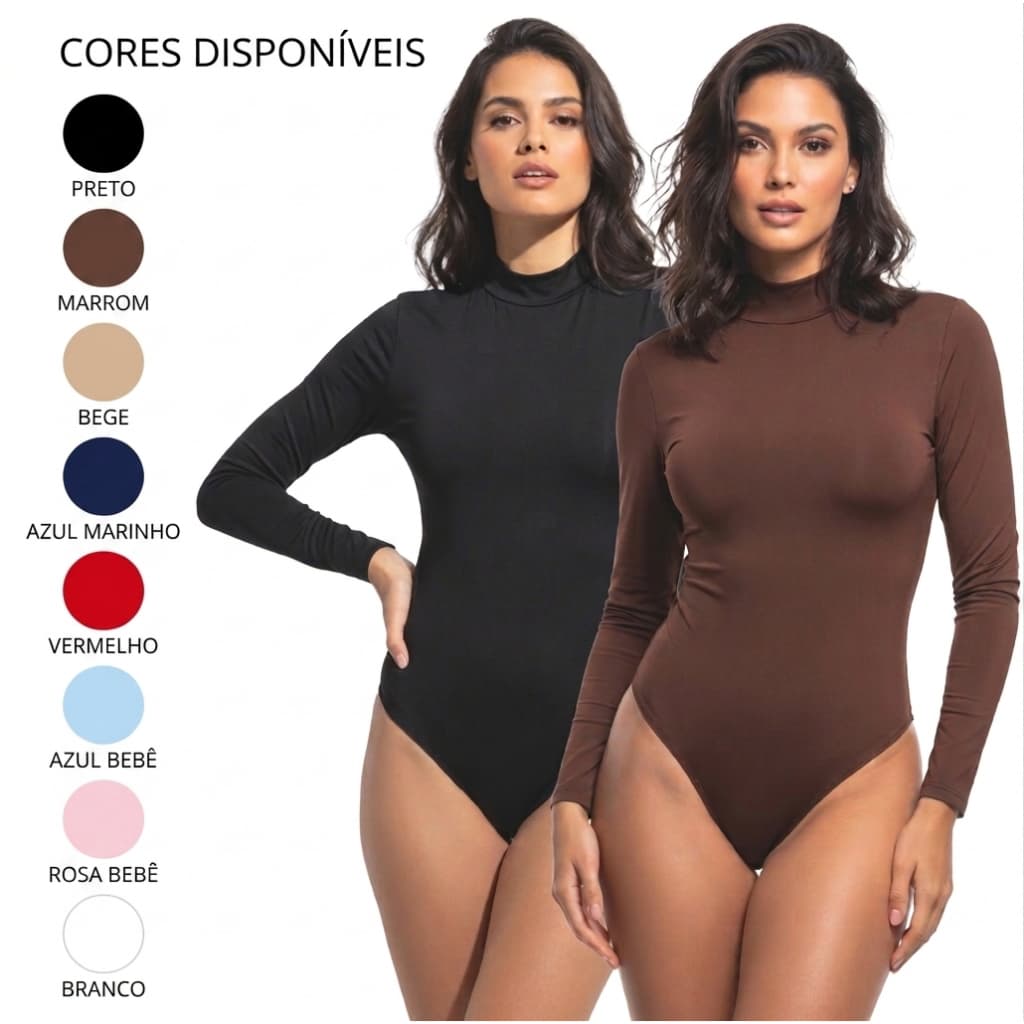 Kit 2 Body Feminino Suplex Premium Gola Alta Manga Longa Fecho Pratico