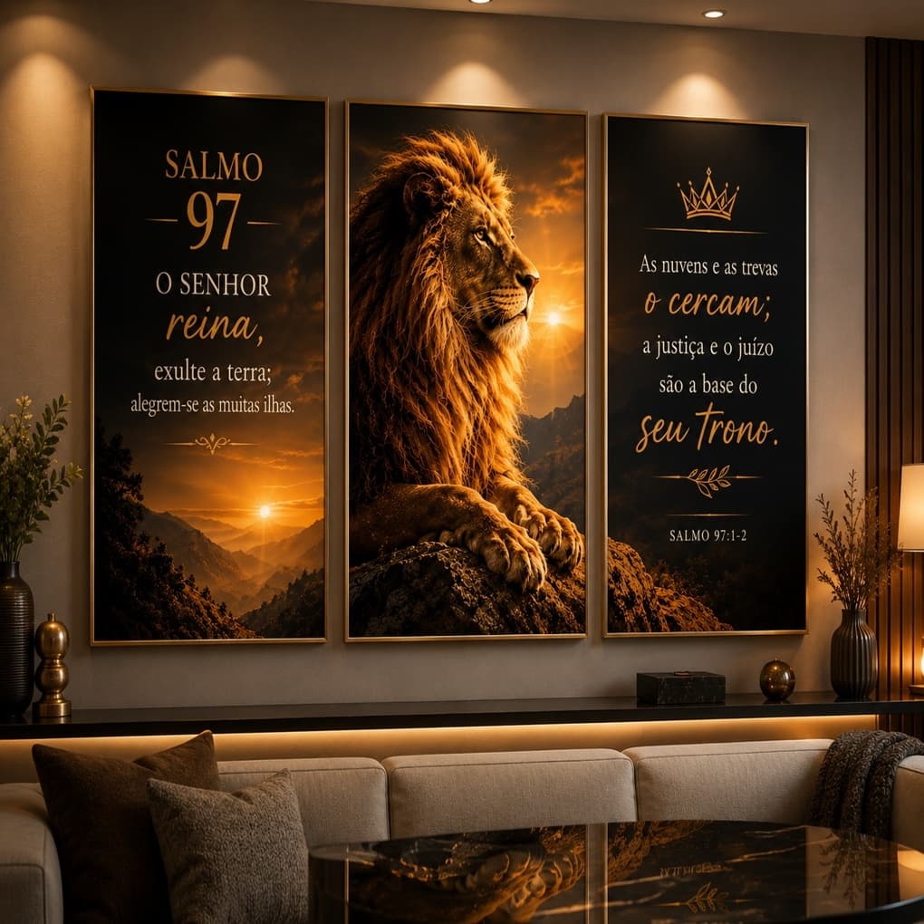 Quadro Decorativo Religioso Leão de Judá Salmo 97 3 Peças Moderno Luxuoso para Sala