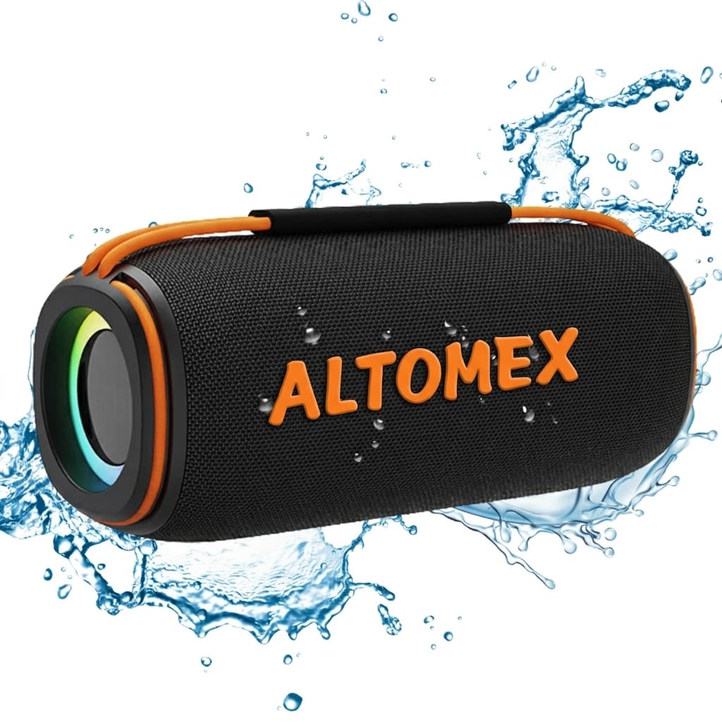 Caixa de som Bluetooth TWS com luz RGB, resistente à água (IPX6), estilo boombox.